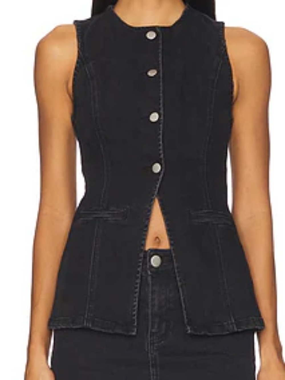 More to Come Black Sleeveless Button-Front Denim Top